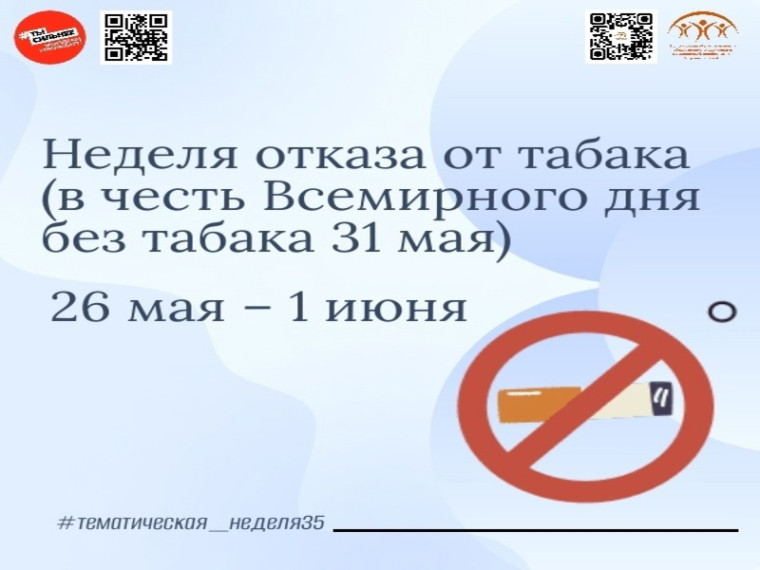 26 мая по инициативе Министерства здравоохранения России в стране начинается неделя отказа от табака, которая продлится до 1 июня. 26 мая по инициативе Министерства здравоохранения России в стране начинается неделя отказа от табака, которая продлится до 1 июня.